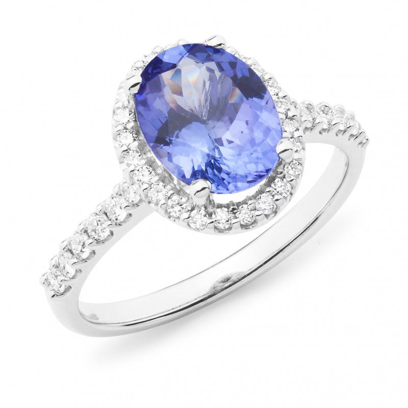 9CT White Gold Tanzanite & Diamond Claw/Bead Set Coloured Stone Dress Ring