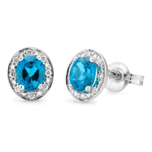 9CT White Gold London Blue Topaz & Diamond Claw and Bead Set Stud Earring