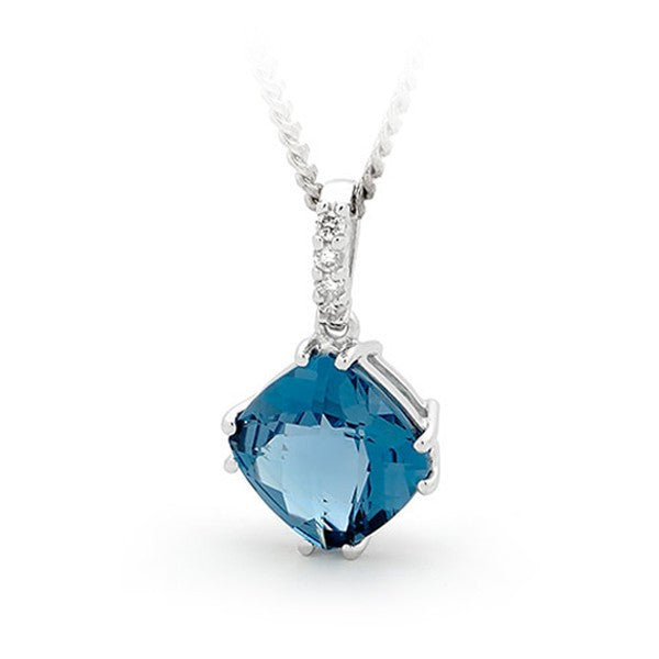 9CT White Gold London Blue Topaz & Diamond Claw Set Coloured Stone Pendant