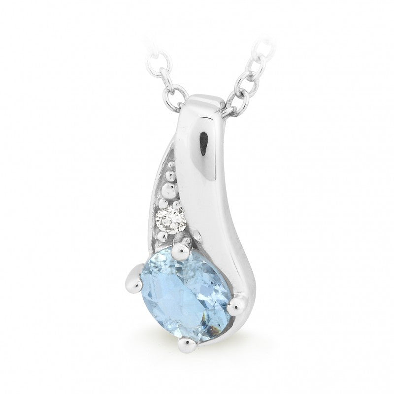 9CT White Gold Aquamarine & Diamond Claw/Bead Set Coloured Stone Pendant
