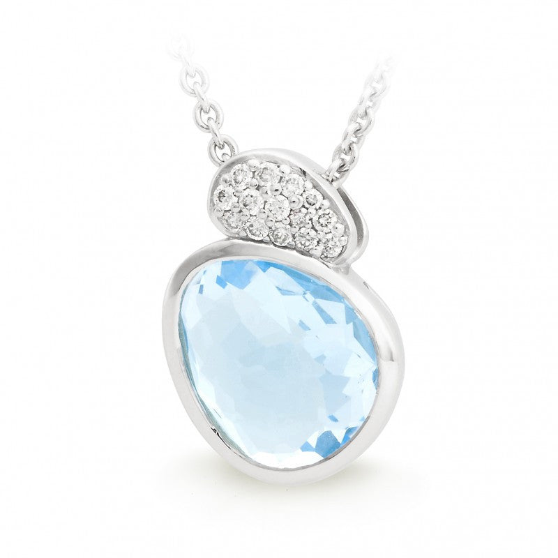 9CT White Gold Blue Topaz & Diamond Bezel and Bead Set Coloured Stone Pendant
