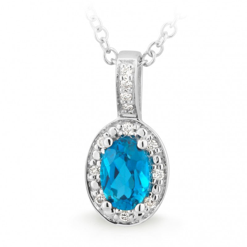 9CT White Gold London Blue Topaz & Diamond Claw and Bead Set Coloured Stone Pendant