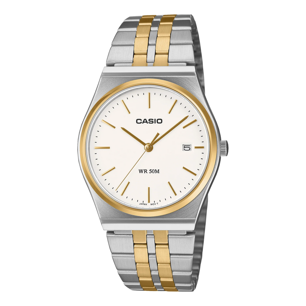 CASIO Vintage Analogue White Face Silver & Gold Steel