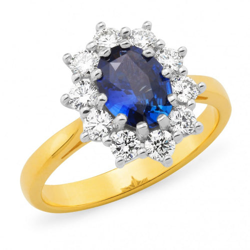 18CT Yellow Gold Sapphire & Diamond Claw Set Coloured Stone Dress Ring