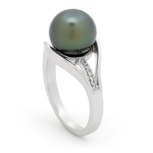 9CT White Gold Tahitian Pearl & Diamond Bead Set Pearl Dress Ring