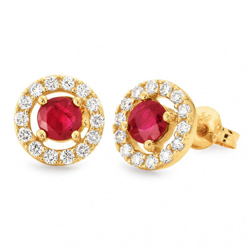 9CT Yellow Gold Ruby & Diamond Claw/Bead Set Stud Earring