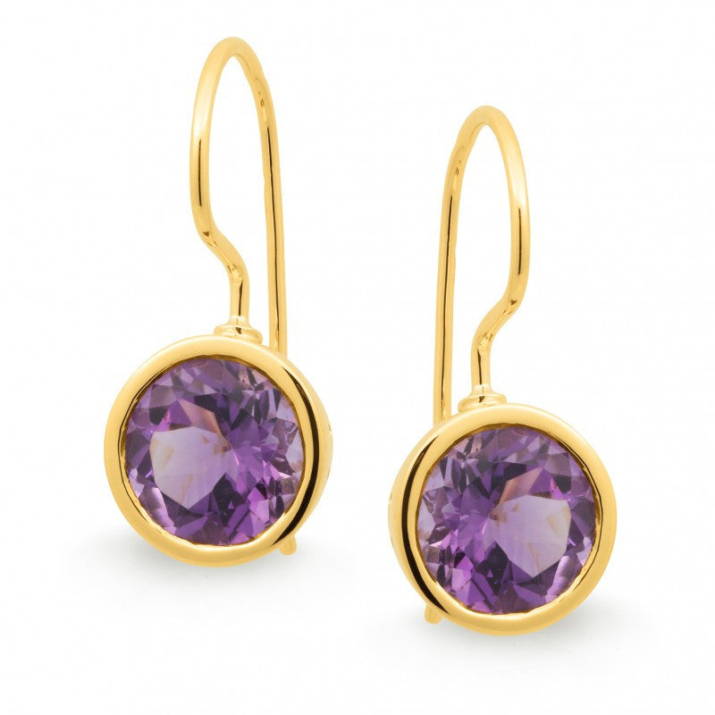 9CT Yellow Gold Amethyst Bezel Set Shepherd Hook Earring