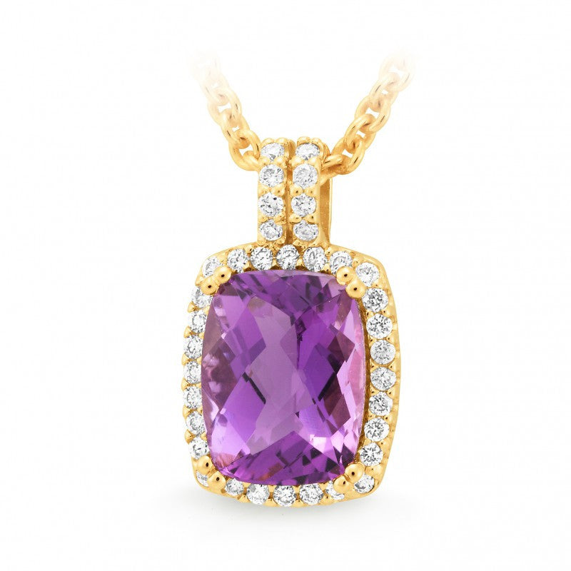 9CT Yellow Gold Amethyst & Diamond Claw and Bead Set Coloured Stone Pendant